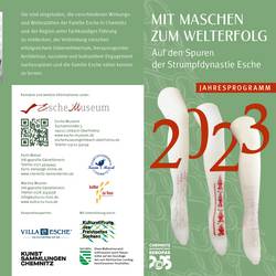 Flyer Mit Maschen zum Welterfolg 2023 - außen drei Strümpfe weisen auf die Veranstaltungsreihe mit 'Maschen zum Welterfolg hin