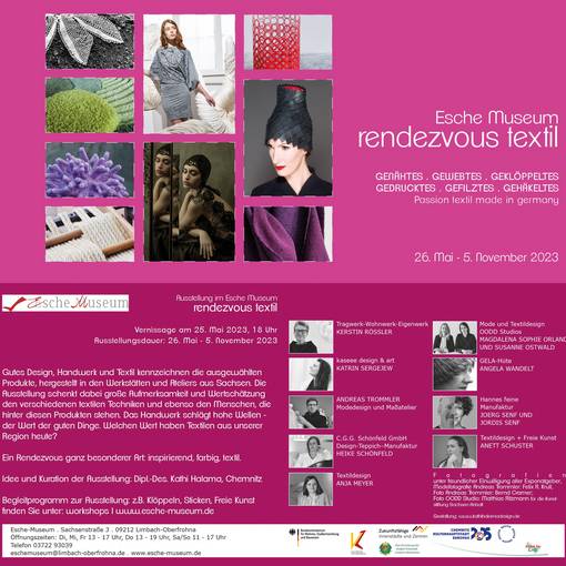 pinkfarbener Flyer mit allen Informationen zur Ausstellung rendezvous textil