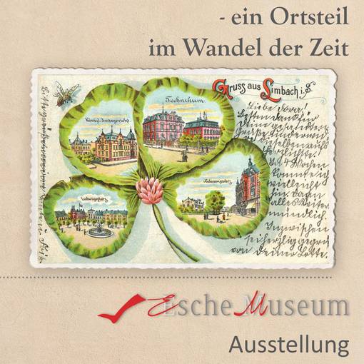 Plakat mit einer historischen Postkarte. Ein Kleeblatt mit vier verschiedenen historischen Stadtansichten als Motiv