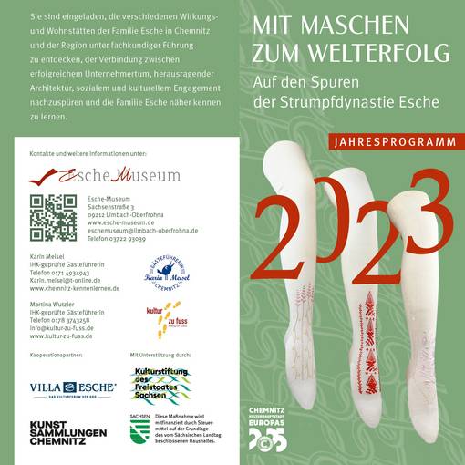drei Strümpfe weisen auf die Veranstaltungsreihe mit 'Maschen zum Welterfolg hin